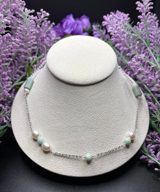 Amazonite & Freshwater Pearl asymmetrical necklace