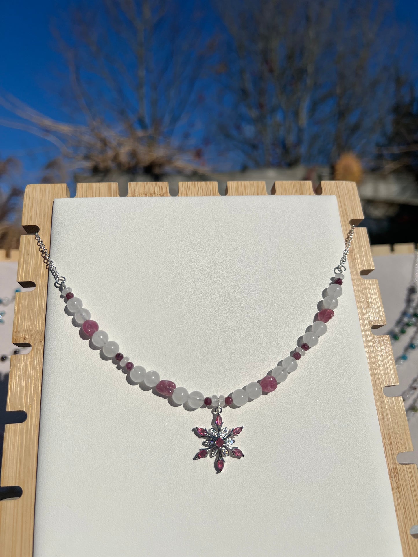 Pink Tourmaline & White Jade festive necklace