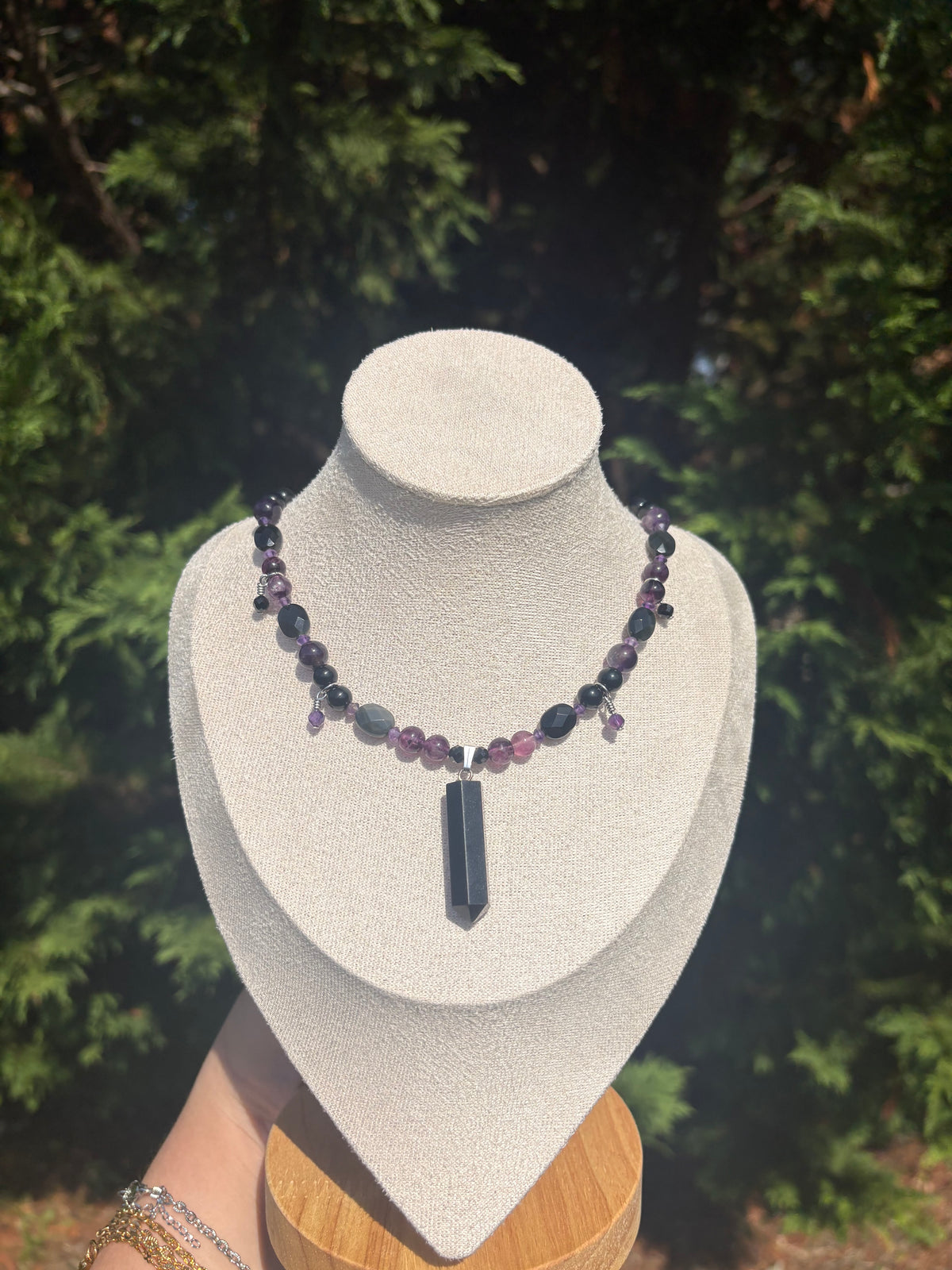 Rainbow Obsidian, Rainbow Fluorite, Amethyst, Black Spinel and Silver Sheen Obsidian necklace