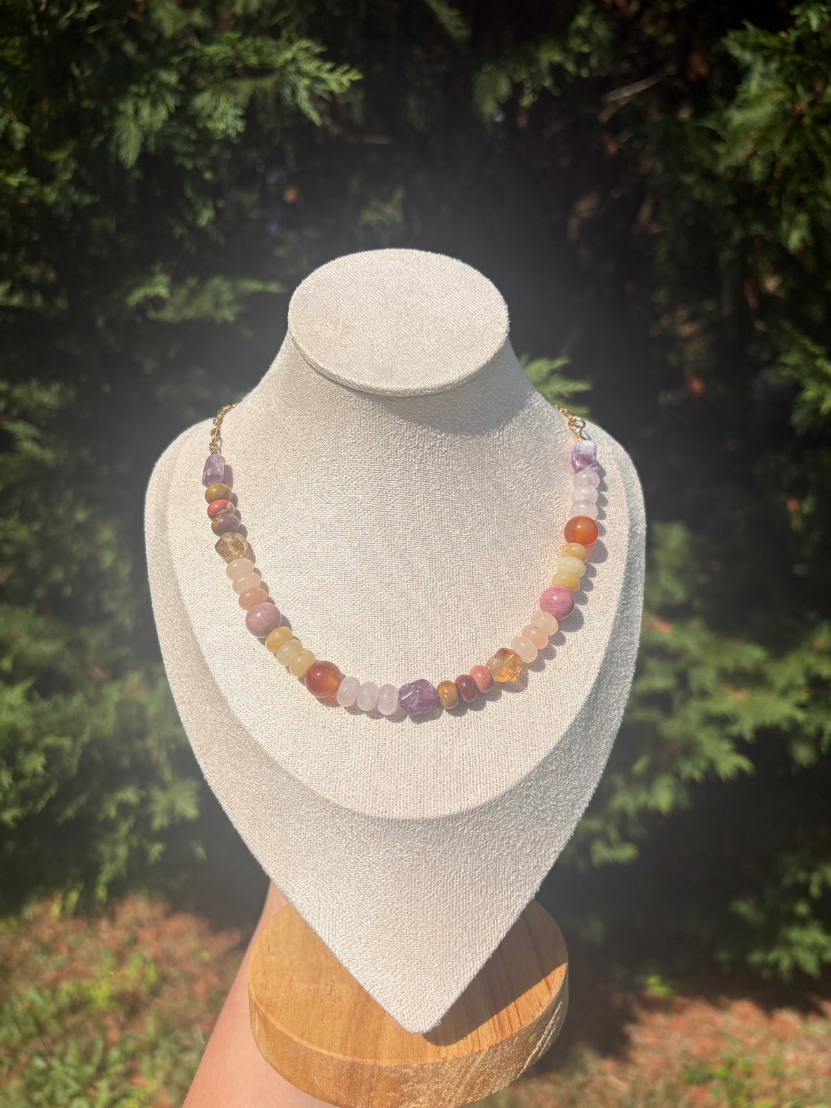 Rose Quartz, Rhodonite, Yellow Jade, Citrine, Peach Aventurine, Lepidolite, Carnelian, Mookaite necklace
