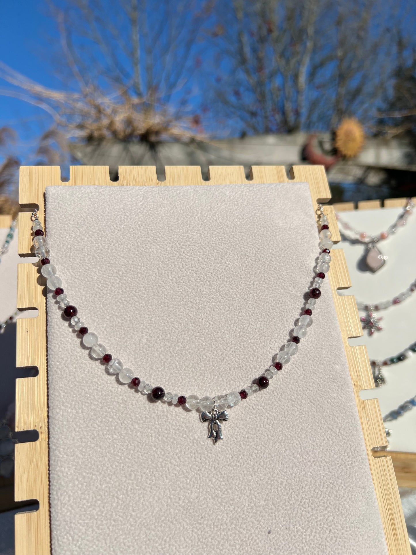 Garnet & Clear Quartz & Topaz & White Jade festive necklace