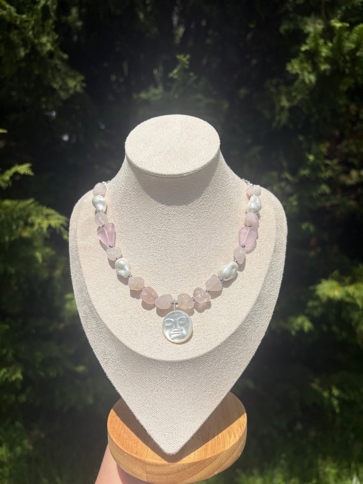 Silver Hematite, Rose Quartz, Blossom Sea Glass, Baroque Pearl necklace