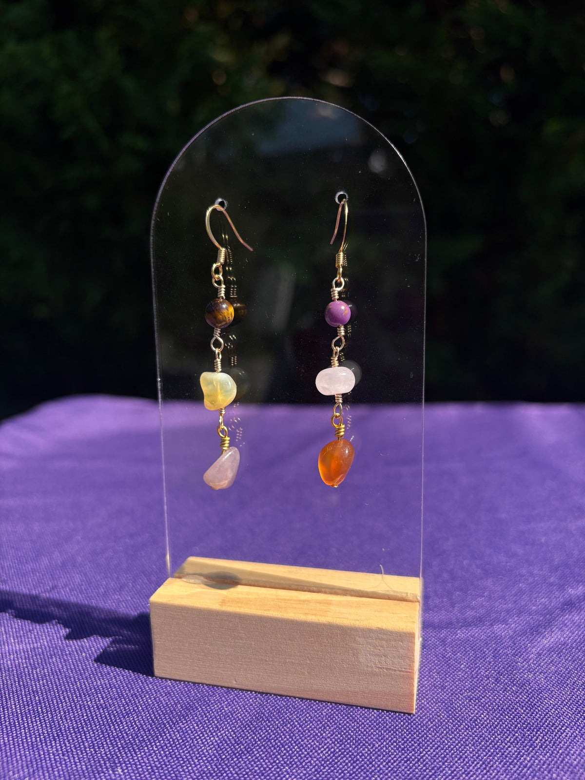 Tiger Eye, Yellow Opal, Rose Quartz, Carnelian and Phosphosiderite earrings