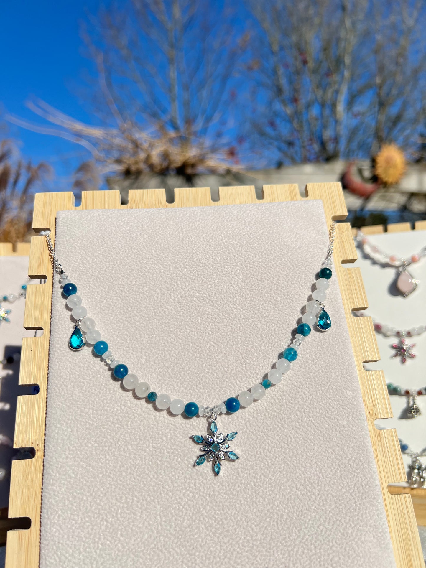 Blue Apatite & White Jade & Topaz &  festive necklace