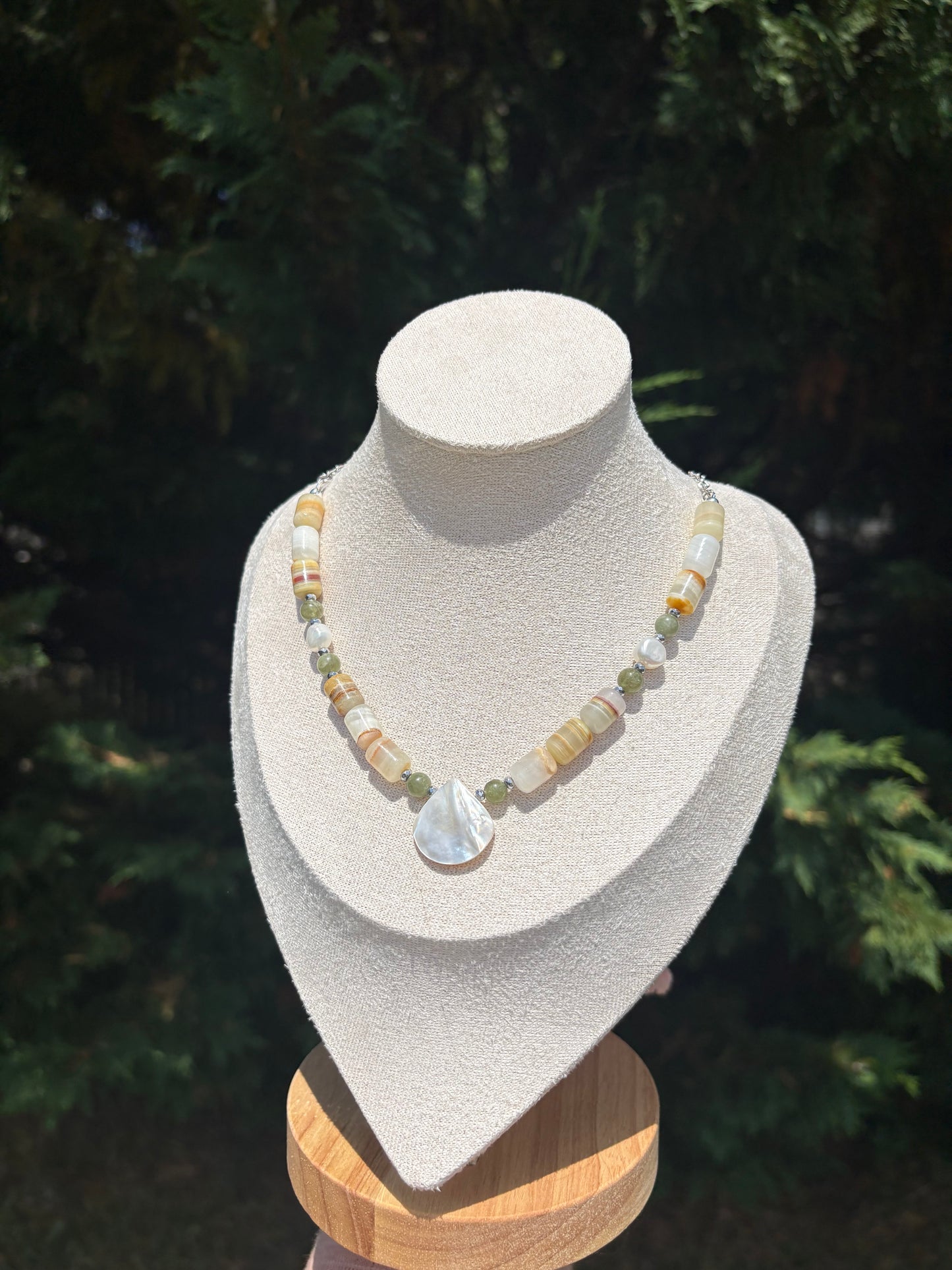 Green Onyx, Green Apatite, Freshwater Pearl, Silver Hematite, and Mother of Pearl necklace