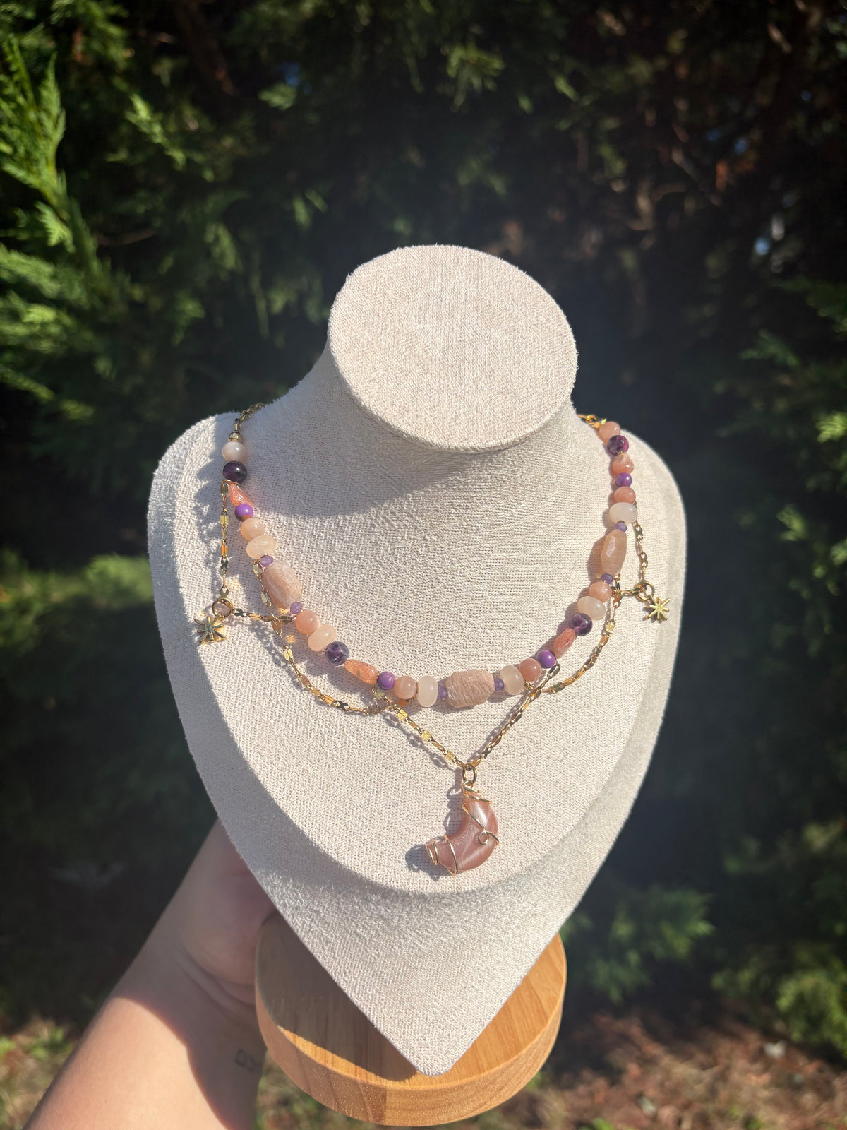 Sunstone, Peach Moonstone, Peach Aventurine, Lepidolite, Phosphosiderite, Purple Fluroite necklace