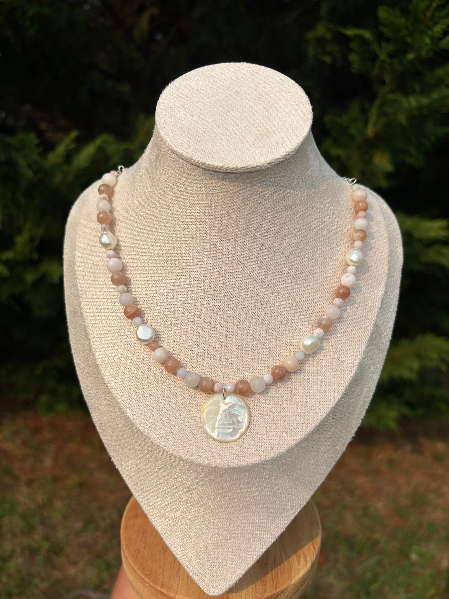 Peach Moonstone, Peruvian Pink Opal, Freshwater Pearl, Mother Of Pearl Moon Face necklace