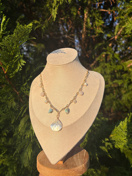 Freshwater Pearl, Mother of Pearl, Larimar, Rainbow Beryl Charm necklace