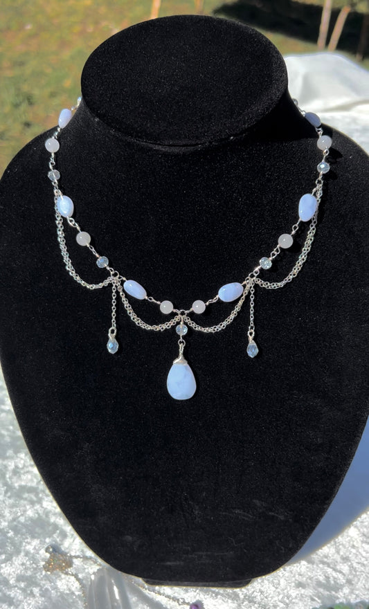 Blue Lace Agate & White Jade Necklace